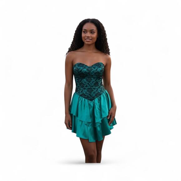 80s Green with Black Lace Strapless Ruffle Prom Dress Size 5 - Picture 1 of 9